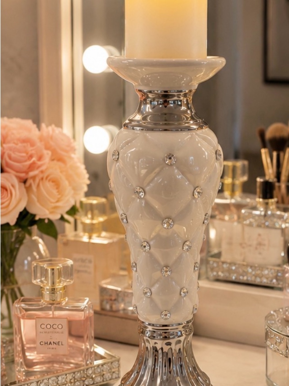Glam White & Silver Rhinestone Pillar Candle Holder with 5” LED Candle